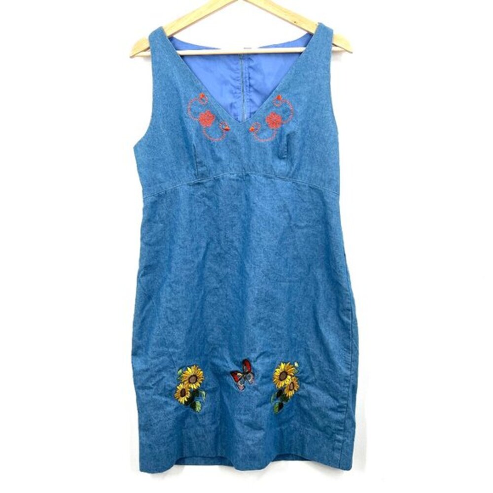 Handmade sheath mini dress chambray embroidered floral butterfly boho retro M‎